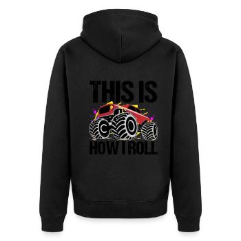 Rollender Monstertruck Abenteuer Drang - Unisex Premium Bio Zip Hoodie - Schwarz - Hinten - Nico (187cm)