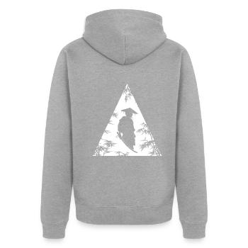 Mysteriöser Schatten Krieger Kunst - Unisex Premium Bio Zip Hoodie - Grau meliert - Hinten - Nico (187cm)