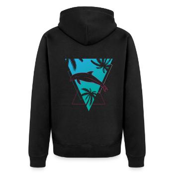 Retro Delfin Tropen Traum Grafik - Unisex Premium Bio Zip Hoodie - Schwarz - Hinten - Nico (187cm)