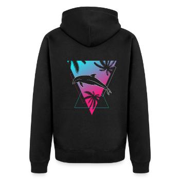 Retro Delphin Sunset Palmen Silhouette - Unisex Premium Bio Zip Hoodie - Schwarz - Hinten - Nico (187cm)
