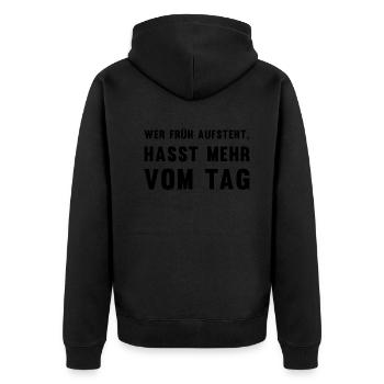 Anti-Morgenmensch Wecker-Snooze-Geschenk - Unisex Premium Bio Zip Hoodie - Schwarz - Hinten - Nico (187cm)