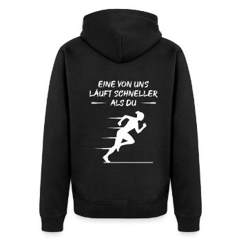 Schneller Sprint – Herausforderung Pur - Unisex Premium Bio Zip Hoodie - Schwarz - Hinten - Nico (187cm)