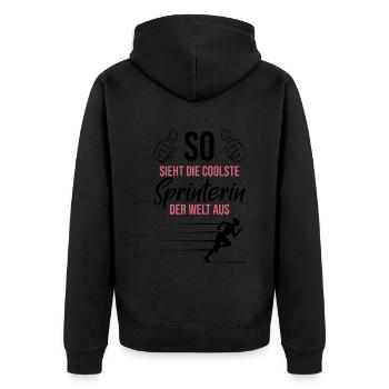 Coolste Sprinterin – Weltklasse - Unisex Premium Bio Zip Hoodie - Schwarz - Hinten - Nico (187cm)