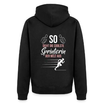 Coolste Sprinterin – Weltklasse - Unisex Premium Bio Zip Hoodie - Schwarz - Hinten - Nico (187cm)