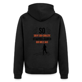 Coolster Staffelläufer der Welt - Unisex Premium Bio Zip Hoodie - Schwarz - Hinten - Nico (187cm)