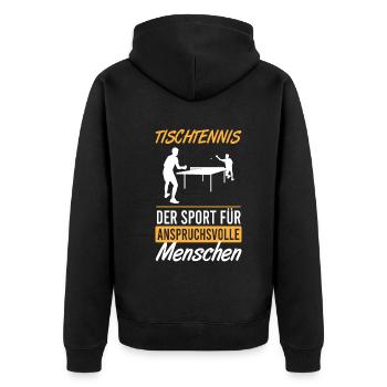 Anspruchsvoller Tischtennis Sport Geschenk - Unisex Premium Bio Zip Hoodie - Schwarz - Hinten - Nico (187cm)