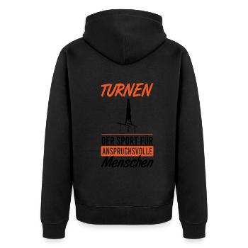 Anspruchsvolle Eleganz im Turnen - Unisex Premium Bio Zip Hoodie - Schwarz - Hinten - Nico (187cm)