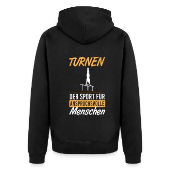 Anspruchsvolle Eleganz im Turnen - Unisex Premium Bio Zip Hoodie - Schwarz - Hinten - Nico (187cm)