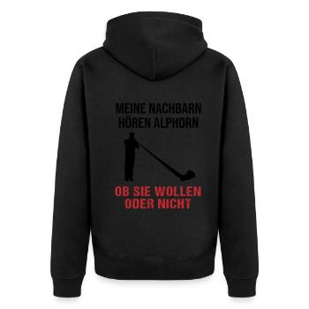 Geschenk für Nachbarn - Alphornklänge - Unisex Premium Bio Zip Hoodie - Schwarz - Hinten - Nico (187cm)