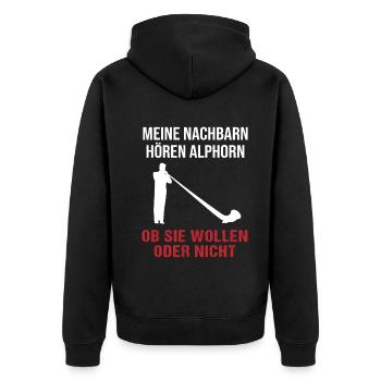 Geschenk für Nachbarn - Alphornklänge - Unisex Premium Bio Zip Hoodie - Schwarz - Hinten - Nico (187cm)
