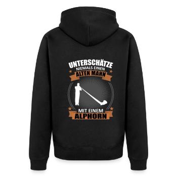 Alphorn Geschenk - Alter Mann, Weiser Klang - Unisex Premium Bio Zip Hoodie - Schwarz - Hinten - Nico (187cm)