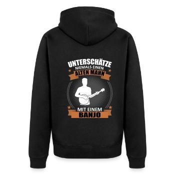 Altersweisheit Banjo - Geschenk mit Erfahrung - Unisex Premium Bio Zip Hoodie - Schwarz - Hinten - Nico (187cm)