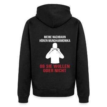 Musik Nachbarn Humorvolles Statement - Unisex Premium Bio Zip Hoodie - Schwarz - Hinten - Nico (187cm)