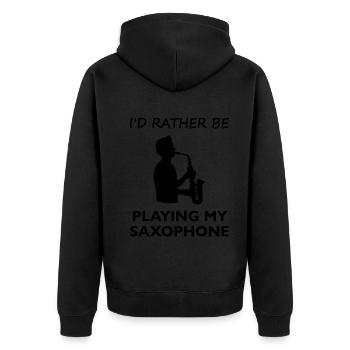 Lieber Saxophon spielen – Musikpurist - Unisex Premium Bio Zip Hoodie - Schwarz - Hinten - Nico (187cm)