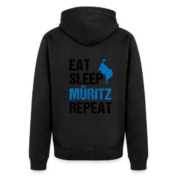 Müritz-Rhythmus: Essen, Schlafen, Erleben - Unisex Premium Bio Zip Hoodie - Schwarz - Hinten - Nico (187cm)