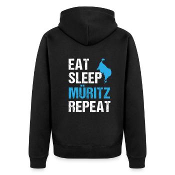 Müritz-Rhythmus: Essen, Schlafen, Erleben - Unisex Premium Bio Zip Hoodie - Schwarz - Hinten - Nico (187cm)
