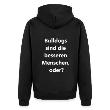 Mensch vs. Bulldog - Wer gewinnt? Geschenk - Unisex Premium Bio Zip Hoodie - Schwarz - Hinten - Nico (187cm)