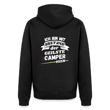 Ich bin mit Abstand der geilste Camper hier - Unisex Premium Bio Zip Hoodie - Schwarz - Hinten - Nico (187cm)