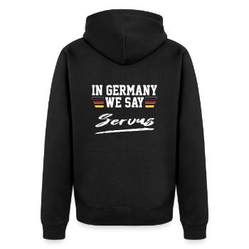 In Germany we say Servus - Begrüßung Bayern - Unisex Premium Bio Zip Hoodie - Schwarz - Hinten - Nico (187cm)