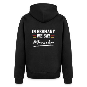 In Germany we say Morschn - Begrüßung Sachsen - Unisex Premium Bio Zip Hoodie - Schwarz - Hinten - Nico (187cm)