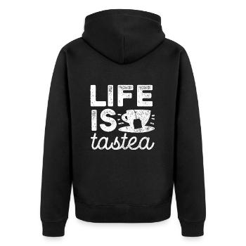 Life is tastea - Tee - Teetrinker Geschenk - Unisex Premium Bio Zip Hoodie - Schwarz - Hinten - Nico (187cm)