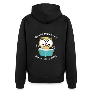 Eule liest ein Buch . Du liebst Bücher - Unisex Premium Bio Zip Hoodie - Schwarz - Hinten - Nico (187cm)