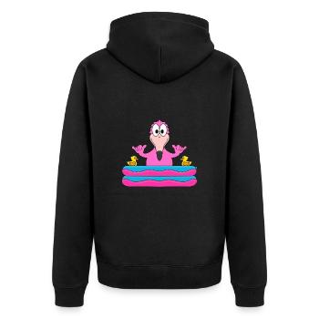 FLAMINGO - PLANSCHBECKEN - SOMMER - BADEN - SHAKA - Unisex Premium Bio Zip Hoodie - Schwarz - Hinten - Nico (187cm)