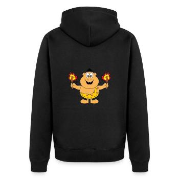 FEUER - STEINZEITMENSCH - MANN - GRILLEN - MENSCH - Unisex Premium Bio Zip Hoodie - Schwarz - Hinten - Nico (187cm)
