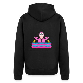 FLAMINGO - POOL - PLANSCHBECKEN - VOGEL - TIER - Unisex Premium Bio Zip Hoodie - Schwarz - Hinten - Nico (187cm)