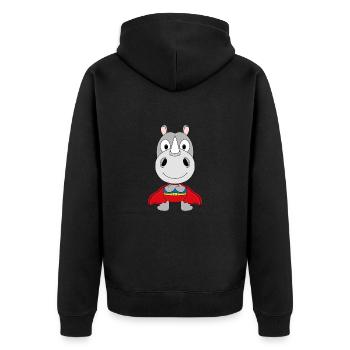 SUPERHELD - NASHORN - TIER - KIND - BABY - FUN - Unisex Premium Bio Zip Hoodie - Schwarz - Hinten - Nico (187cm)