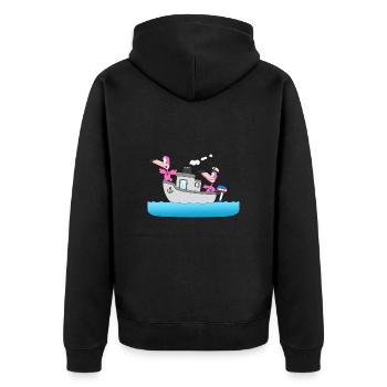 FLAMINGOS - BOOT - SCHIFF - LIEBE - SEEFAHRER - Unisex Premium Bio Zip Hoodie - Schwarz - Hinten - Nico (187cm)