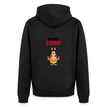 PFERD - PONY - BODYBUILDING - DU BIST STARK! - Unisex Premium Bio Zip Hoodie - Schwarz - Hinten - Nico (187cm)