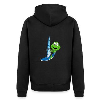 FROSCH - WINDSURFER - WINDSURFEN - SURFEN - SPORT - Unisex Premium Bio Zip Hoodie - Schwarz - Hinten - Nico (187cm)
