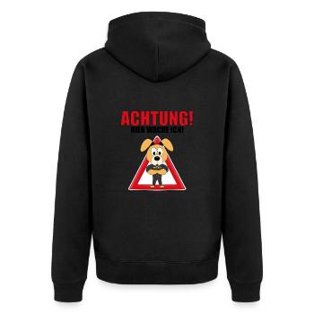 ACHTUNG! HIER WACHE ICH! - WACHHUND - HUND - Unisex Premium Bio Zip Hoodie - Schwarz - Hinten - Nico (187cm)