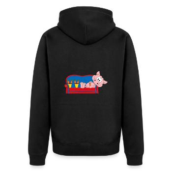SCHWEIN - SOFA - WOCHENENDE - URLAUB - FERIEN - Unisex Premium Bio Zip Hoodie - Schwarz - Hinten - Nico (187cm)