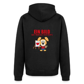 HUND - MALER - KÜNSTLER - LIEBE - EIN BILD SAGT... - Unisex Premium Bio Zip Hoodie - Schwarz - Hinten - Nico (187cm)
