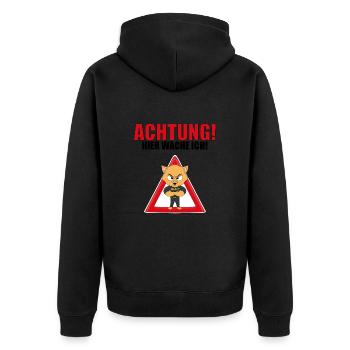 KATZE - KATER - SECURITY - ACHTUNG HIER WACHE ICH! - Unisex Premium Bio Zip Hoodie - Schwarz - Hinten - Nico (187cm)