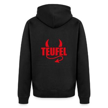 TEUFEL - HÖLLE - TEUFLISCH - TEUFELCHEN - Unisex Premium Bio Zip Hoodie - Schwarz - Hinten - Nico (187cm)