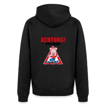 ACHTUNG! PISTENSAU! - SNOWBOARD - WINTERSPORT - Unisex Premium Bio Zip Hoodie - Schwarz - Hinten - Nico (187cm)