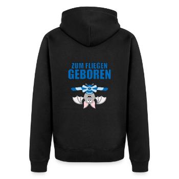 ZUM FLIEGEN GEBOREN - FLUGHUND - PILOT - FLUGZEUG - Unisex Premium Bio Zip Hoodie - Schwarz - Hinten - Nico (187cm)