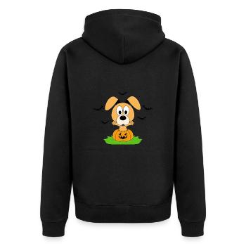 HUND - HALLOWEEN - KÜRBIS - FLEDERMÄUSE - Unisex Premium Bio Zip Hoodie - Schwarz - Hinten - Nico (187cm)