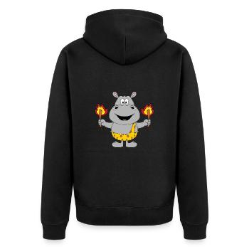 NILPFERD - FEUER - STEINZEIT - TIER - TIERISCH - Unisex Premium Bio Zip Hoodie - Schwarz - Hinten - Nico (187cm)