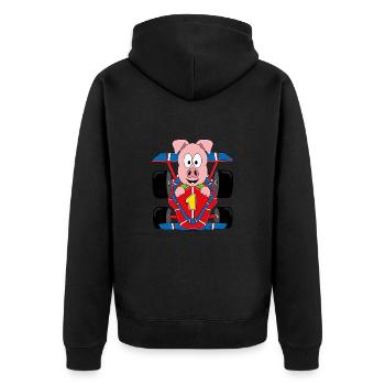 SCHWEIN - AUTO - RENNWAGEN - AUTORENNEN - TIER - Unisex Premium Bio Zip Hoodie - Schwarz - Hinten - Nico (187cm)