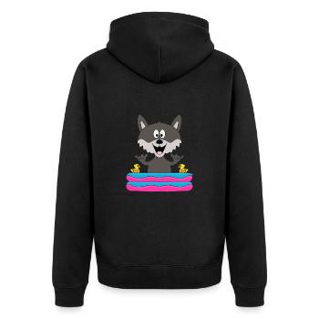 WOLF - POOL - SHAKA - PLANSCHBECKEN - TIERISCH - Unisex Premium Bio Zip Hoodie - Schwarz - Hinten - Nico (187cm)