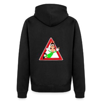 PFERD - FUßBALL - TORWART - ACHTUNG FLIEGENFÄNGER - Unisex Premium Bio Zip Hoodie - Schwarz - Hinten - Nico (187cm)