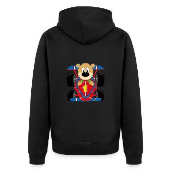 TEDDY - BÄR - RENNFAHRER - AUTO - MOTORSPORT - Unisex Premium Bio Zip Hoodie - Schwarz - Hinten - Nico (187cm)