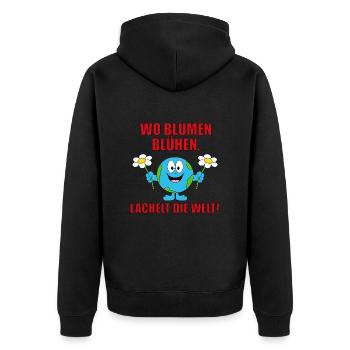 WO BLUMEN BLÜHEN, LÄCHELT DIE WELT! - Unisex Premium Bio Zip Hoodie - Schwarz - Hinten - Nico (187cm)