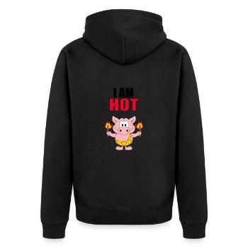 I AM HOT - SCHWEIN - FEUER - STEINZEIT - TIER - Unisex Premium Bio Zip Hoodie - Schwarz - Hinten - Nico (187cm)