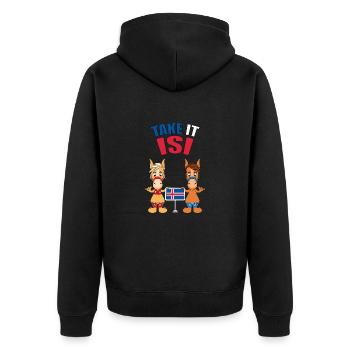 TAKE IT ISI - PFERDE - ISLAND - PONYS - ISLÄNDER - Unisex Premium Bio Zip Hoodie - Schwarz - Hinten - Nico (187cm)