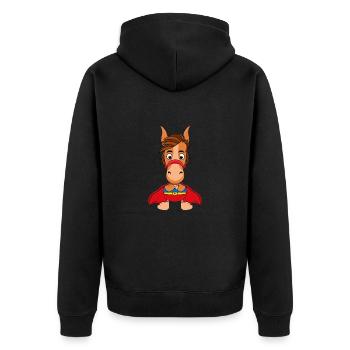 PFERD - PONY - SUPERHELD - TIER - KINDER - BABYS - Unisex Premium Bio Zip Hoodie - Schwarz - Hinten - Nico (187cm)